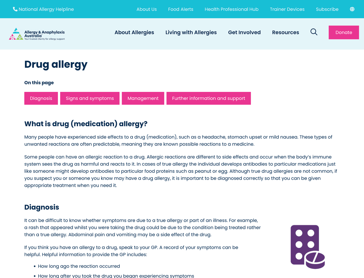 Webpage about drug allergies with sections on diagnosis, signs and symptoms, management, and support information.
